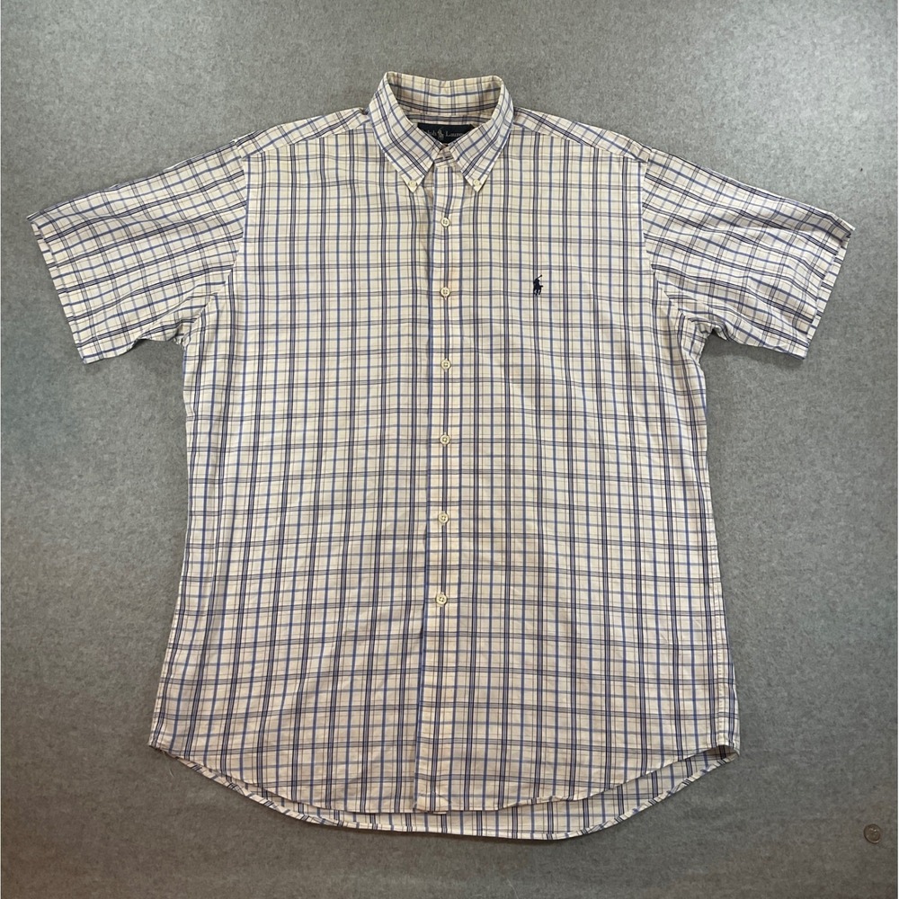 Ralph Lauren Mens Custom Fit Plaid Short Sleeve Button Down Shirt L #557